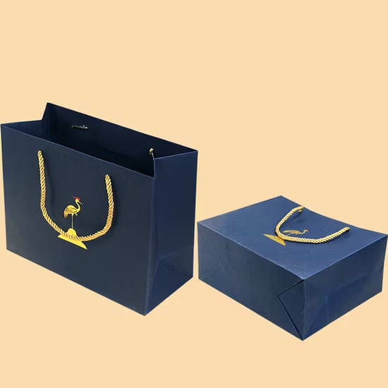 Custom Promotion Shopping Bag Hot Foil Logo Noble Blue Paper Bag with 38cm Handle